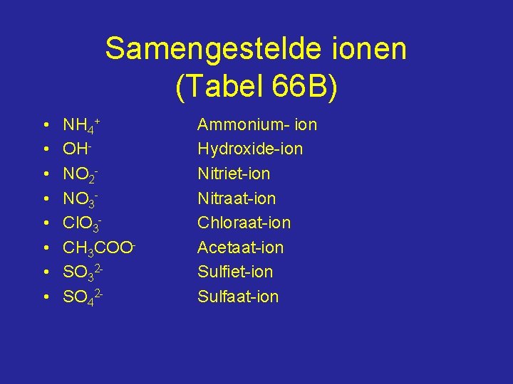 Samengestelde ionen (Tabel 66 B) • • NH 4+ OHNO 2 NO 3 Cl.