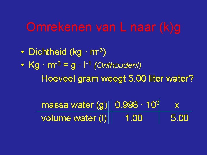 Omrekenen van L naar (k)g • Dichtheid (kg ∙ m-3) • Kg ∙ m-3