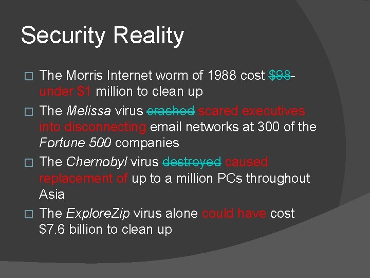Security Reality The Morris Internet worm of 1988 cost $98 under $1 million to