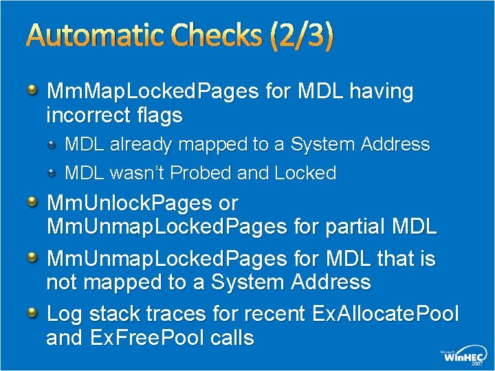 Automatic Checks (2/3) Mm. Map. Locked. Pages for MDL having incorrect flags MDL already