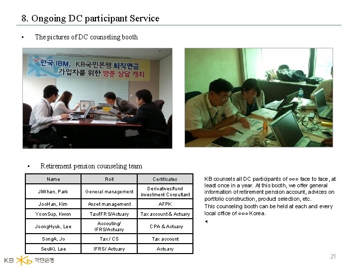 8. Ongoing DC participant Service • The pictures of DC counseling booth • Retirement