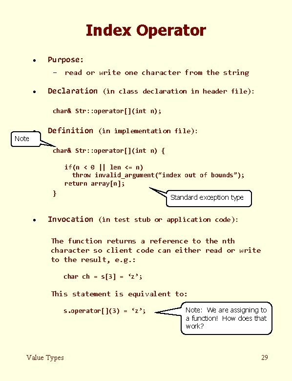 Index Operator · Purpose: – read or write one character from the string ·