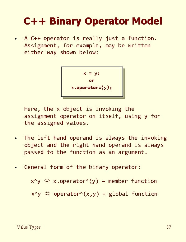 C++ Binary Operator Model · A C++ operator is really just a function. Assignment,