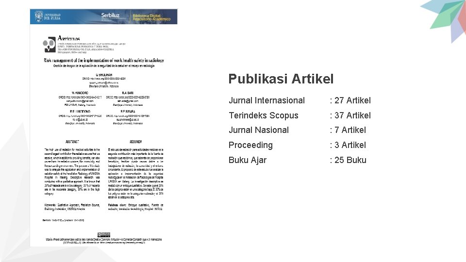Publikasi Artikel Jurnal Internasional : 27 Artikel Terindeks Scopus : 37 Artikel Jurnal Nasional