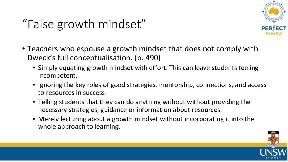 “False growth mindset” • Teachers who espouse a growth mindset that does not comply