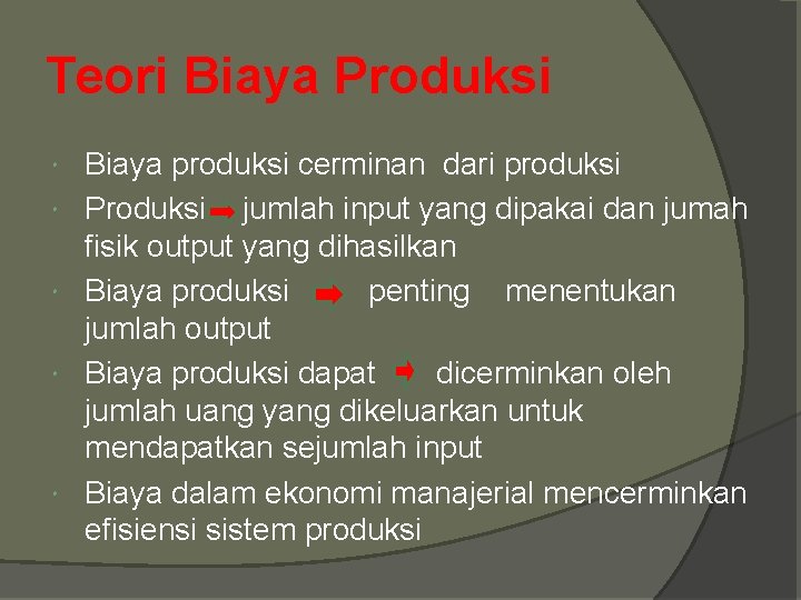 Teori Biaya Produksi Biaya produksi cerminan dari produksi Produksi jumlah input yang dipakai dan