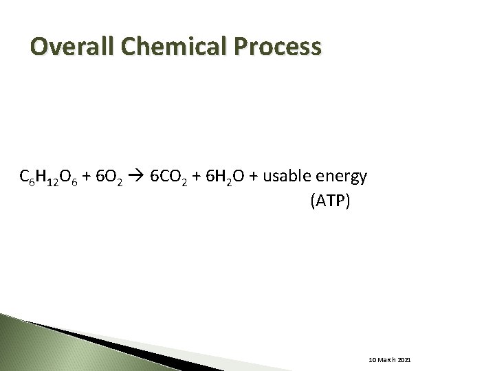 Overall Chemical Process C 6 H 12 O 6 + 6 O 2 6