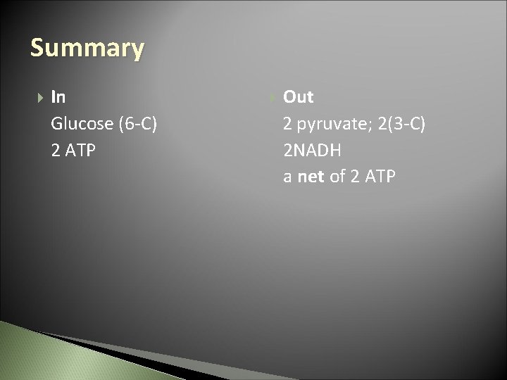 Summary In Glucose (6 -C) 2 ATP Out 2 pyruvate; 2(3 -C) 2 NADH