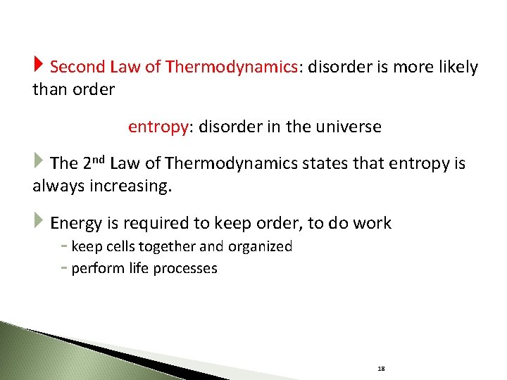  Second Law of Thermodynamics: disorder is more likely than order entropy: disorder in