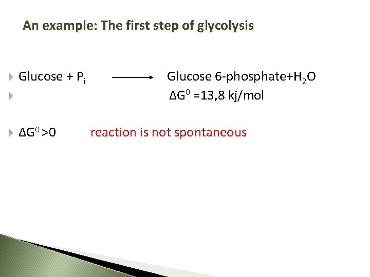 An example: The first step of glycolysis Glucose + Pi Glucose 6 -phosphate+H 2