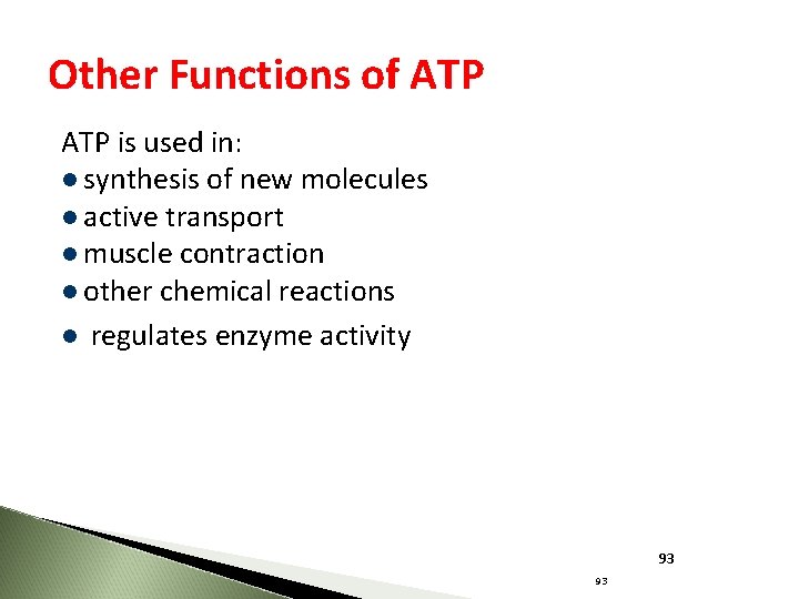 Other Functions of ATP is used in: l synthesis of new molecules l active