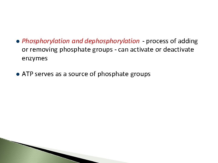 l Phosphorylation and dephosphorylation - process of adding or removing phosphate groups - can