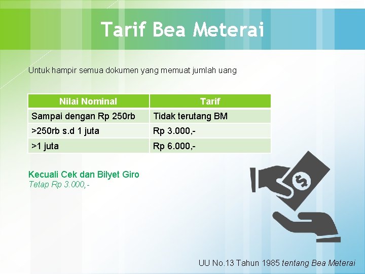 Tarif Bea Meterai Untuk hampir semua dokumen yang memuat jumlah uang Nilai Nominal Tarif