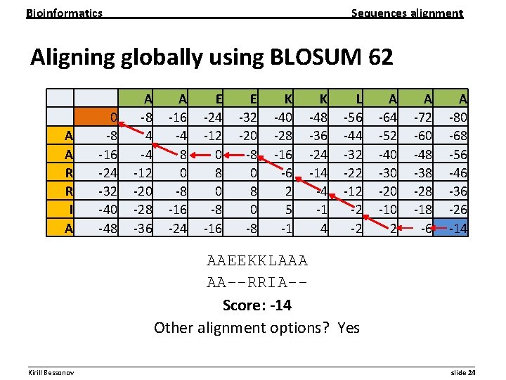 Bioinformatics Sequences alignment Aligning globally using BLOSUM 62 A A R R I A