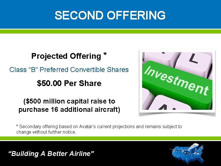 SECOND OFFERING Projected Offering * Class “B” Preferred Convertible Shares $50. 00 Per Share