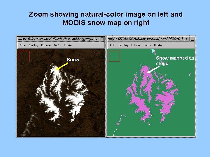 Zoom showing natural-color image on left and MODIS snow map on right Snow mapped