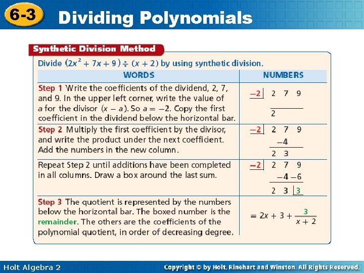 6 -3 Dividing Polynomials Holt Algebra 2 