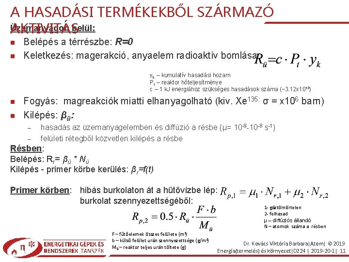 A HASADÁSI TERMÉKEKBŐL SZÁRMAZÓ Üzemanyagon AKTIVITÁSbelül: Belépés a térrészbe: R=0 Keletkezés: magerakció, anyaelem radioaktív