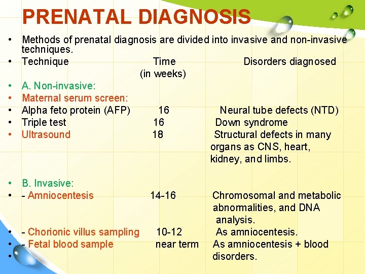 PRENATAL DIAGNOSIS • Methods of prenatal diagnosis are divided into invasive and non-invasive techniques.