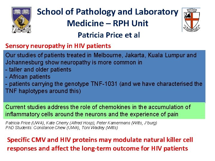 School of Pathology and Laboratory Medicine – RPH Unit Patricia Price et al Sensory