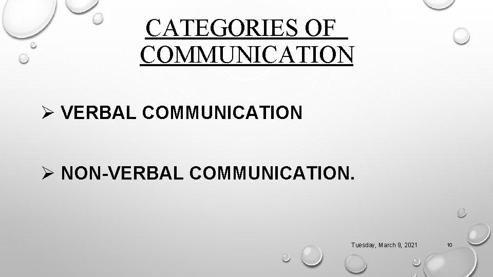 CATEGORIES OF COMMUNICATION Ø VERBAL COMMUNICATION Ø NON-VERBAL COMMUNICATION. Tuesday, March 9, 2021 10