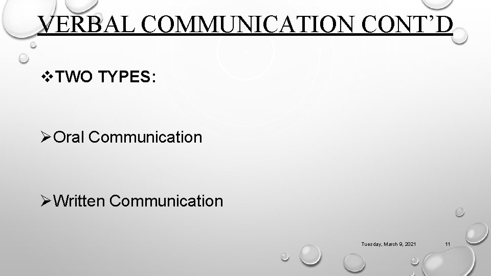 VERBAL COMMUNICATION CONT’D v. TWO TYPES: ØOral Communication ØWritten Communication Tuesday, March 9, 2021