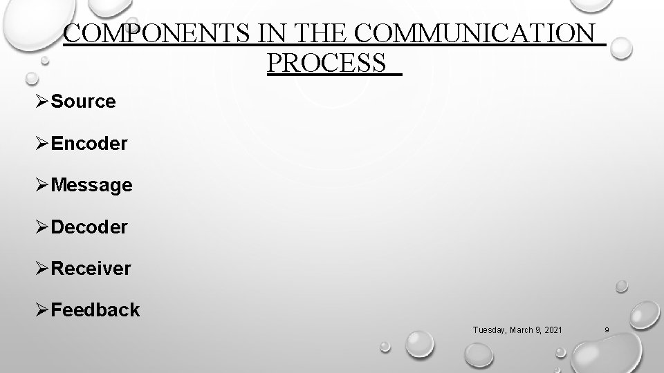 COMPONENTS IN THE COMMUNICATION PROCESS ØSource ØEncoder ØMessage ØDecoder ØReceiver ØFeedback Tuesday, March 9,