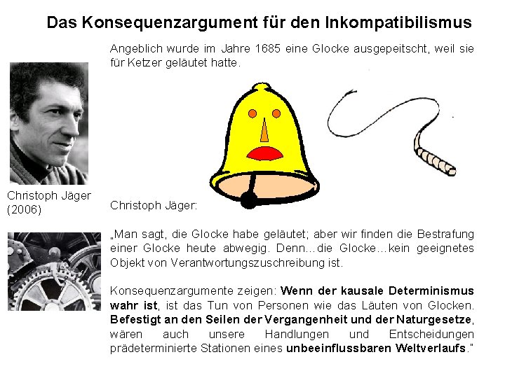 Das Konsequenzargument für den Inkompatibilismus Angeblich wurde im Jahre 1685 eine Glocke ausgepeitscht, weil