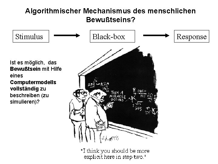 Algorithmischer Mechanismus des menschlichen Bewußtseins? Stimulus Ist es möglich, das Bewußtsein mit Hilfe eines Algorithmischer Mechanismus des menschlichen Bewußtseins? Stimulus Ist es möglich, das Bewußtsein mit Hilfe eines