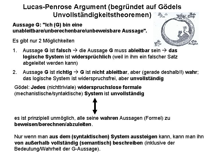 Lucas-Penrose Argument (begründet auf Gödels Unvollständigkeitstheoremen) Aussage G: "Ich (G) bin eine unableitbare/unberechenbare/unbeweisbare Aussage".