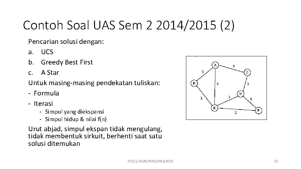 Contoh Soal UAS Sem 2 2014/2015 (2) Pencarian solusi dengan: a. UCS b. Greedy