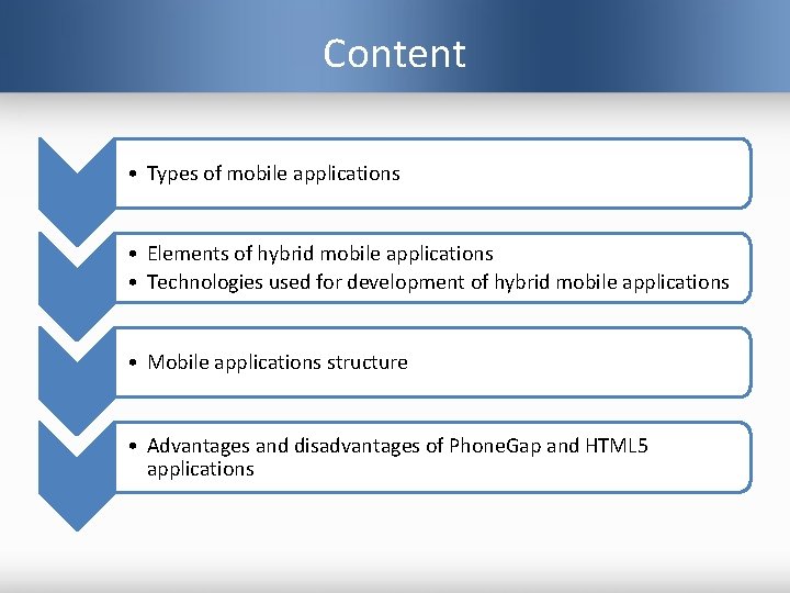 Content • Types of mobile applications • Elements of hybrid mobile applications • Technologies
