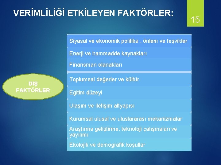 VERİMLİLİĞİ ETKİLEYEN FAKTÖRLER: Siyasal ve ekonomik politika , önlem ve teşvikler Enerji ve hammadde