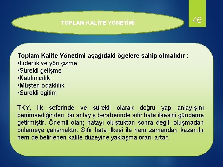 TOPLAM KALİTE YÖNETİMİ 46 Toplam Kalite Yönetimi aşağıdaki öğelere sahip olmalıdır : • Liderlik