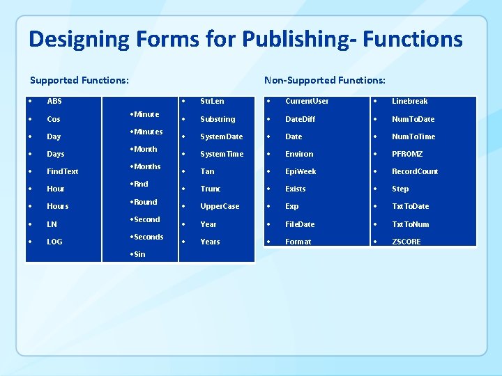 Designing Forms for Publishing- Functions Supported Functions: ABS Cos Days Find. Text Hours LN