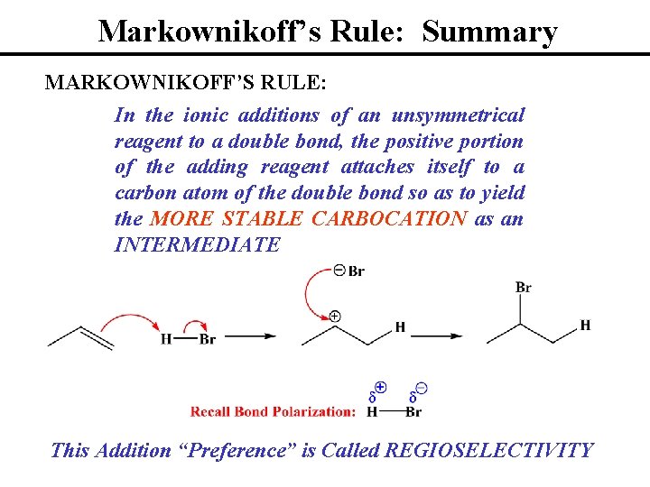 Markownikoff’s Rule: Summary MARKOWNIKOFF’S RULE: In the ionic additions of an unsymmetrical reagent to