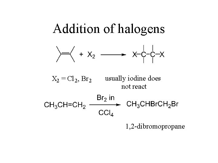Addition of halogens X 2 = Cl 2 , Br 2 usually iodine does