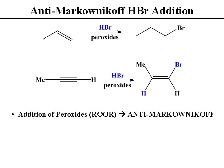 Anti-Markownikoff HBr Addition • Addition of Peroxides (ROOR) ANTI-MARKOWNIKOFF 
