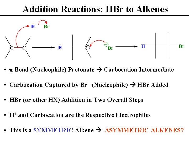 Addition Reactions: HBr to Alkenes • p Bond (Nucleophile) Protonate Carbocation Intermediate • Carbocation
