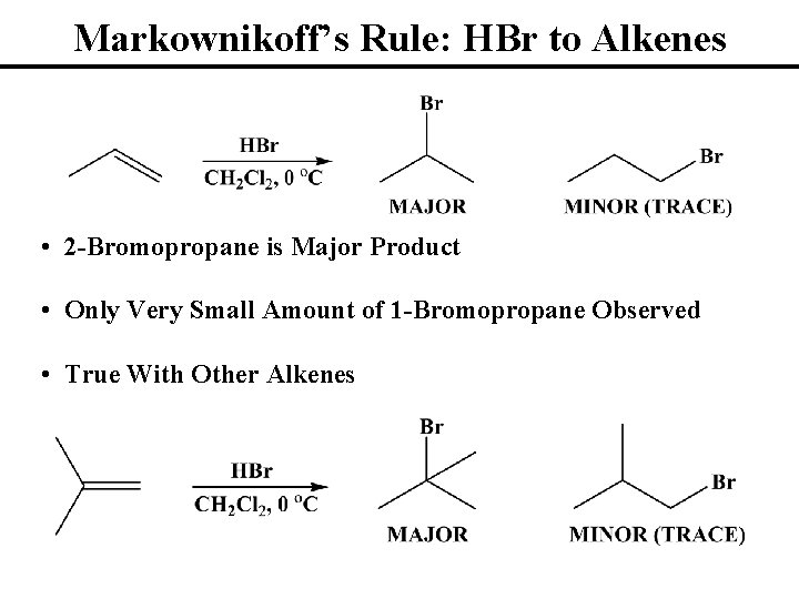 Markownikoff’s Rule: HBr to Alkenes • 2 -Bromopropane is Major Product • Only Very