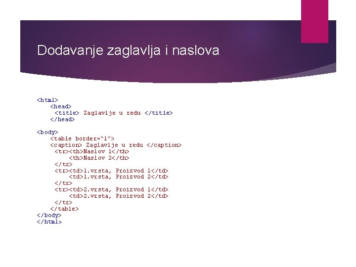 Dodavanje zaglavlja i naslova <html> <head> <title> Zaglavlje u redu </title> </head> <body> <table