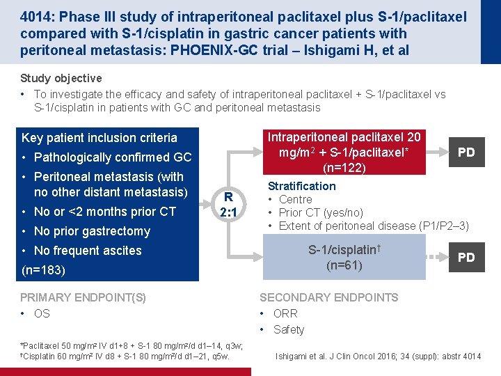 4014: Phase III study of intraperitoneal paclitaxel plus S-1/paclitaxel compared with S-1/cisplatin in gastric