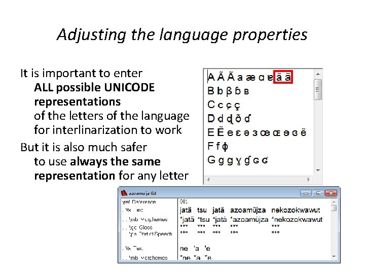 Adjusting the language properties It is important to enter ALL possible UNICODE representations of