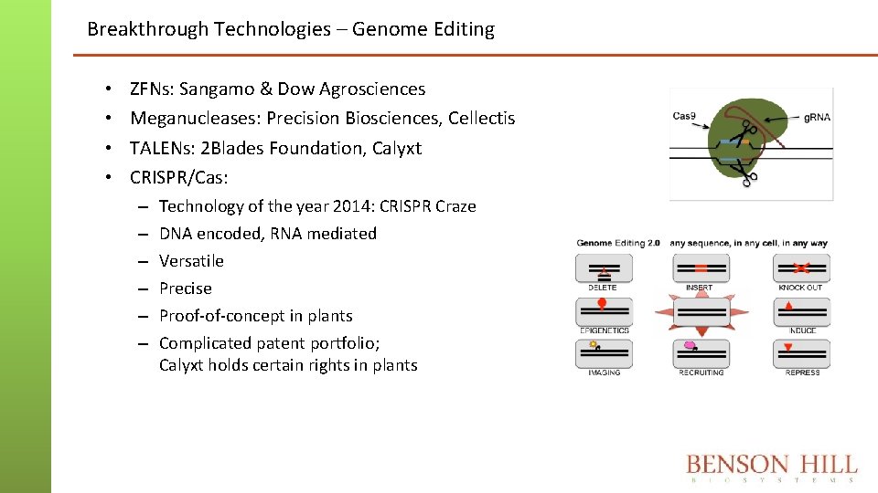 Breakthrough Technologies – Genome Editing • • ZFNs: Sangamo & Dow Agrosciences Meganucleases: Precision