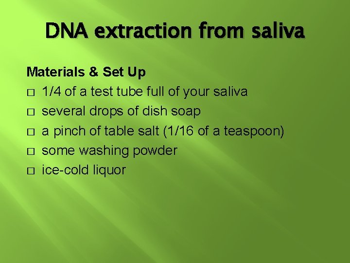 DNA extraction from saliva Materials & Set Up � 1/4 of a test tube