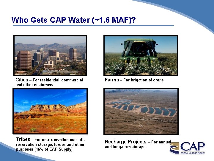 Who Gets CAP Water (~1. 6 MAF)? Cities – For residential, commercial Farms –