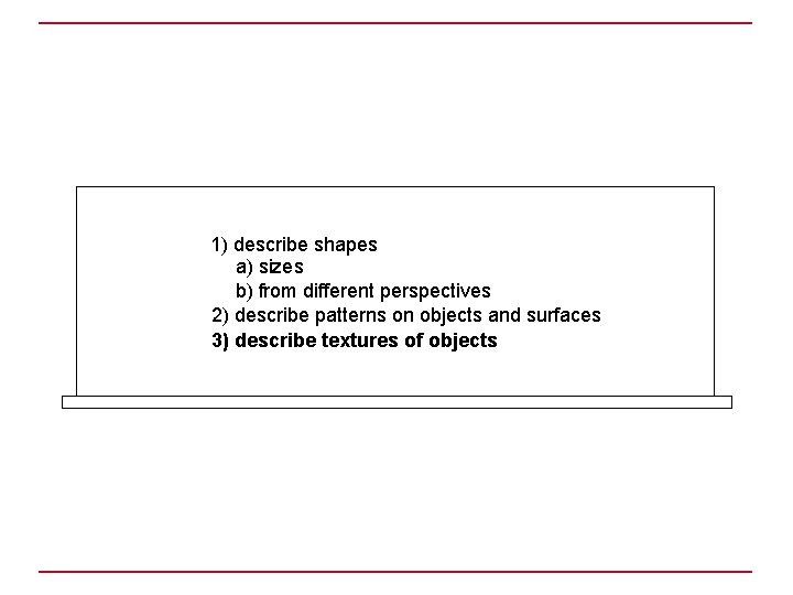 1) describe shapes a) sizes b) from different perspectives 2) describe patterns on objects