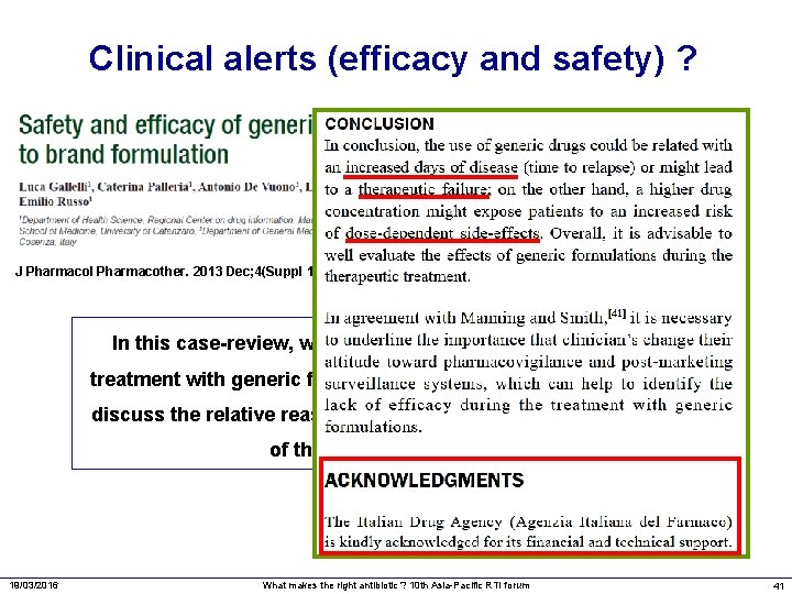 Clinical alerts (efficacy and safety) ? J Pharmacol Pharmacother. 2013 Dec; 4(Suppl 1): S