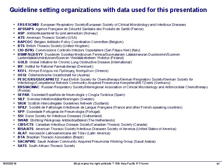 Guideline setting organizations with data used for this presentation • • • • •