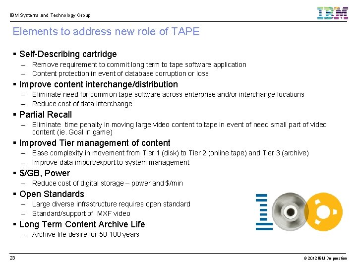 IBM Systems and Technology Group Elements to address new role of TAPE Self-Describing cartridge